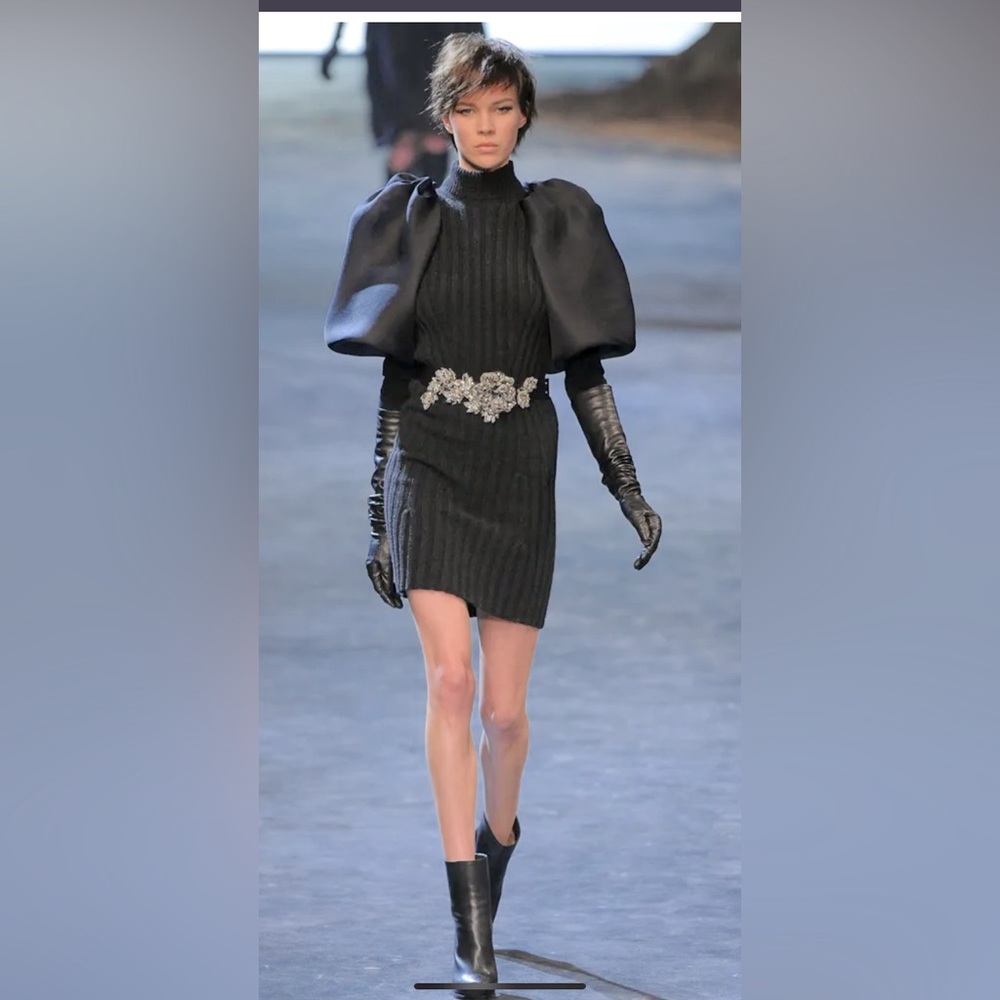 Charcoal Lanvin Knit Mini Dress with Black Silk Puffed Sleeves - Worn Twice
